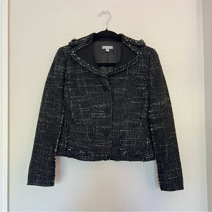 Ann Taylor Wool Blend Tweed Black Fringed Blazer Jacket Size 2 Petites