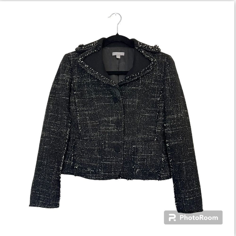 Ann Taylor Wool Blend Tweed Black Fringed Blazer Jacket Size 2 Petites