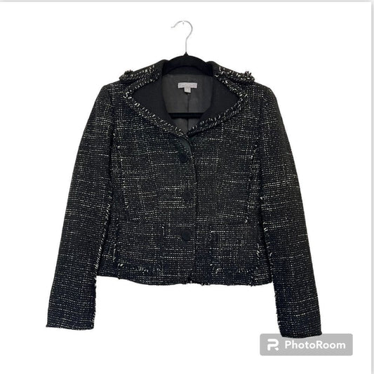Ann Taylor Wool Blend Tweed Black Fringed Blazer Jacket Size 2 Petites