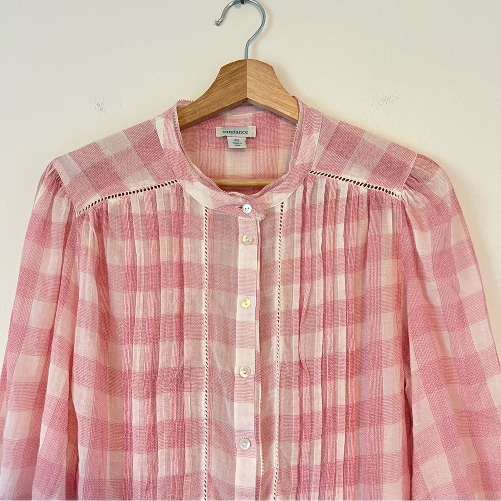 Sundance Risette Pink White Gingham Button Down Tie Sleeve Top Size XS