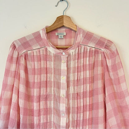 Sundance Risette Pink White Gingham Button Down Tie Sleeve Top Size XS