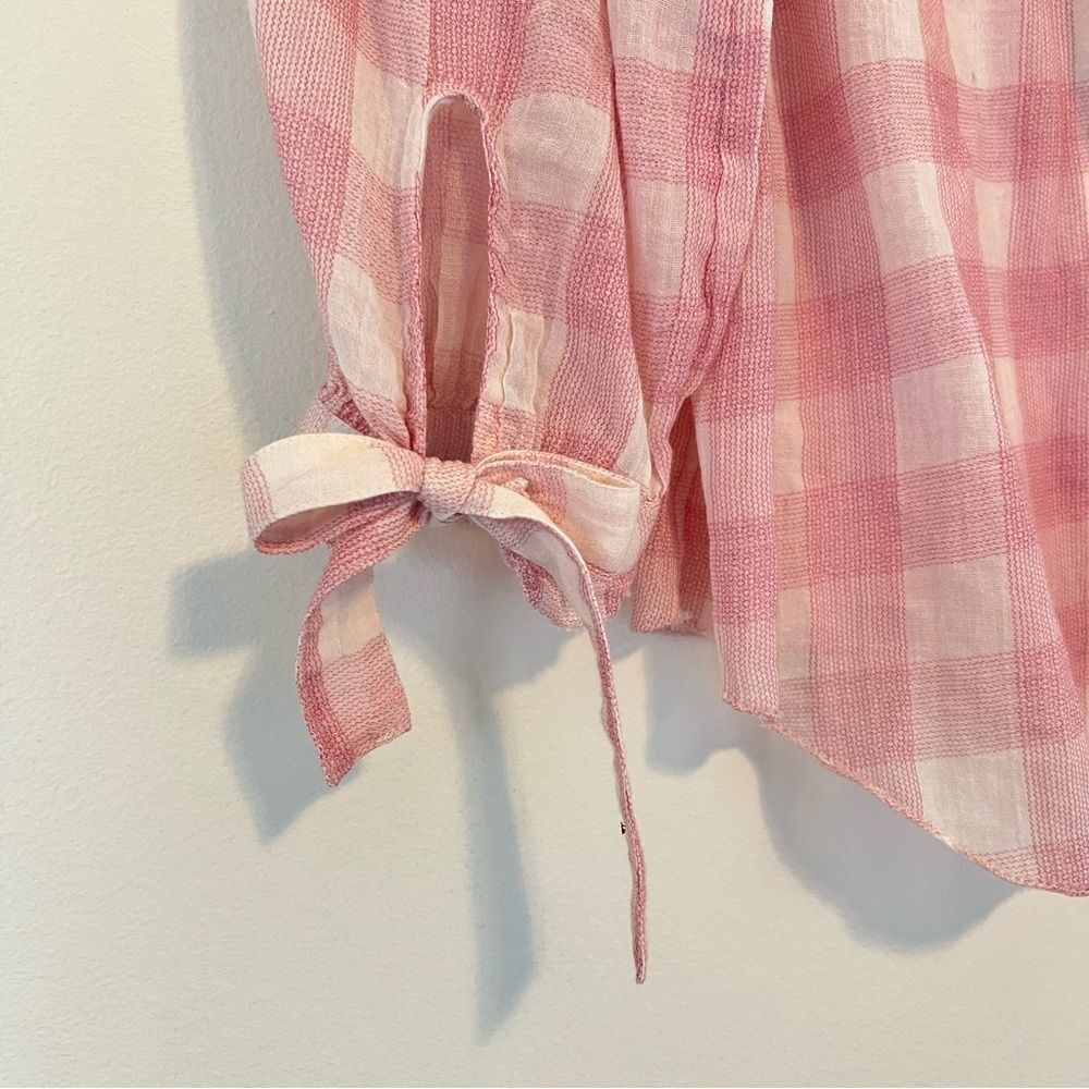 Sundance Risette Pink White Gingham Button Down Tie Sleeve Top Size XS