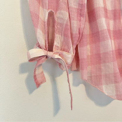 Sundance Risette Pink White Gingham Button Down Tie Sleeve Top Size XS