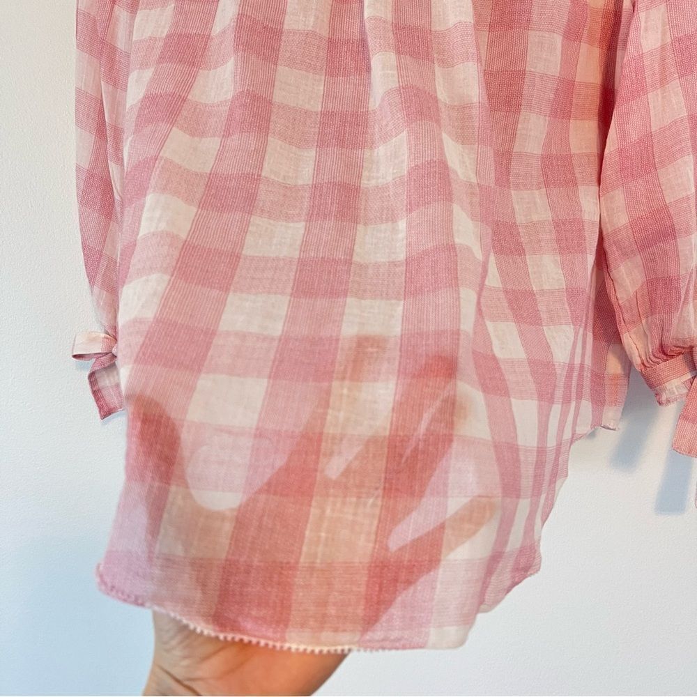 Sundance Risette Pink White Gingham Button Down Tie Sleeve Top Size XS