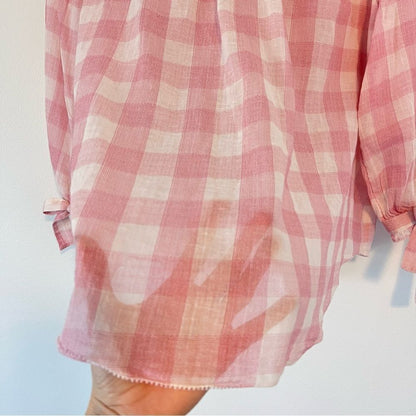 Sundance Risette Pink White Gingham Button Down Tie Sleeve Top Size XS