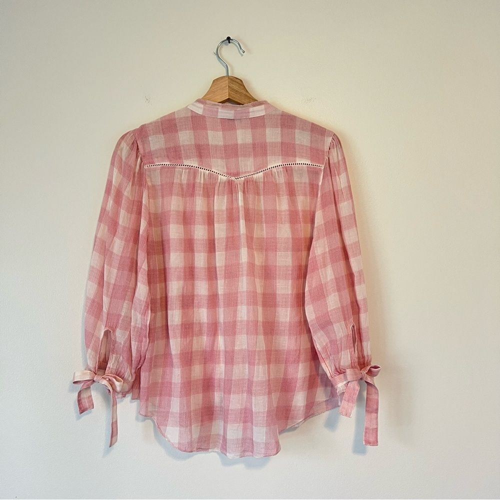 Sundance Risette Pink White Gingham Button Down Tie Sleeve Top Size XS