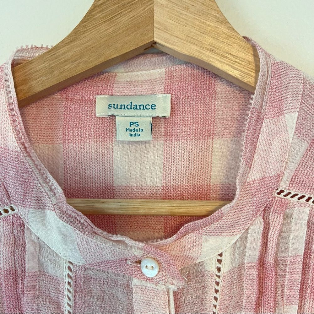 Sundance Risette Pink White Gingham Button Down Tie Sleeve Top Size XS