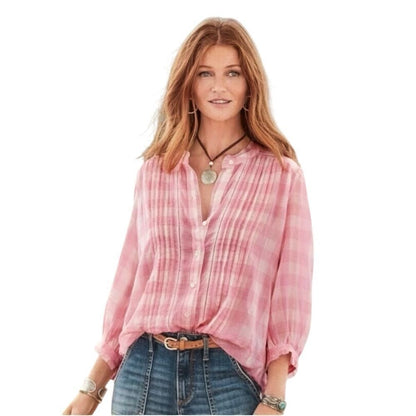Sundance Risette Pink White Gingham Button Down Tie Sleeve Top Size XS