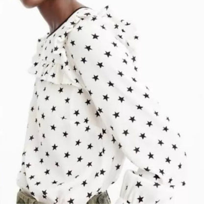J. Crew Long Sleeve Silk Blouse Top Size 6 Off White Star Printed Ruffle