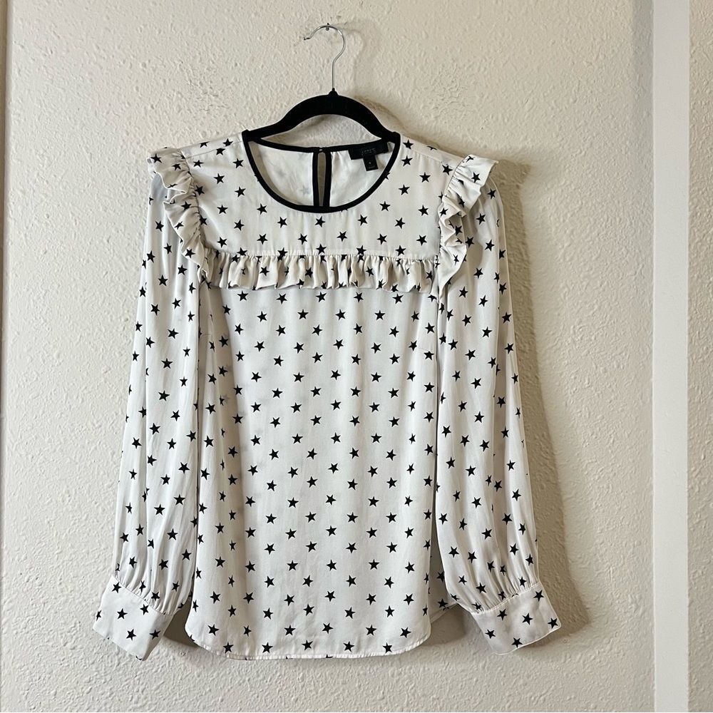 J. Crew Long Sleeve Silk Blouse Top Size 6 Off White Star Printed Ruffle