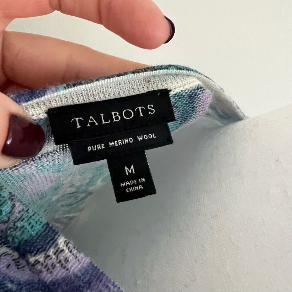 Talbots Merino Wool Sweater Top Medium Blue Purple Paisley Bell Sleeves