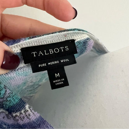Talbots Merino Wool Sweater Top Medium Blue Purple Paisley Bell Sleeves