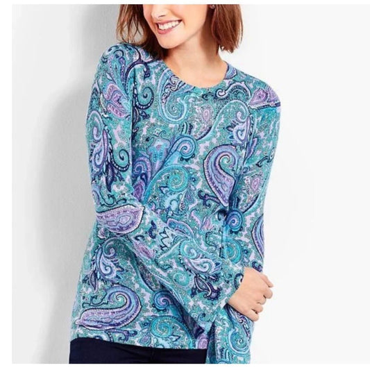 Talbots Merino Wool Sweater Top Medium Blue Purple Paisley Bell Sleeves