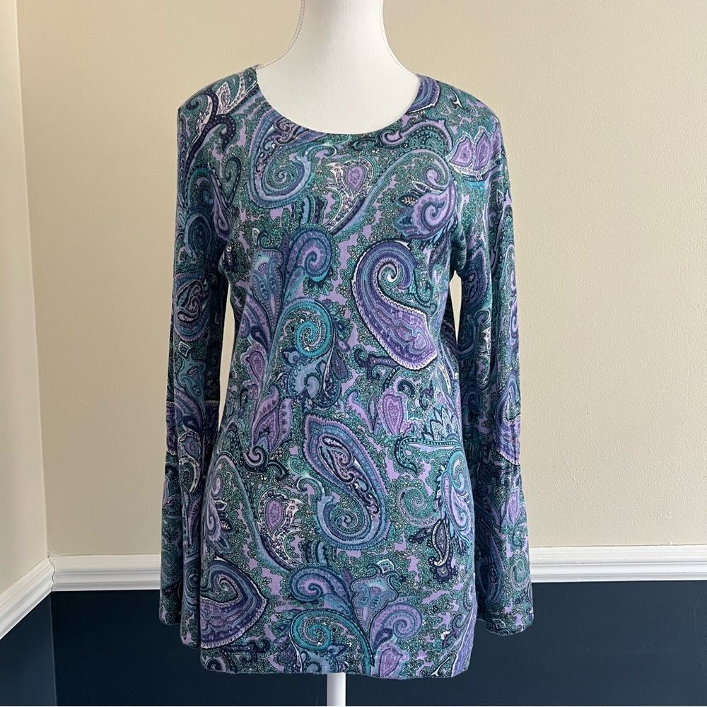 Talbots Merino Wool Sweater Top Medium Blue Purple Paisley Bell Sleeves