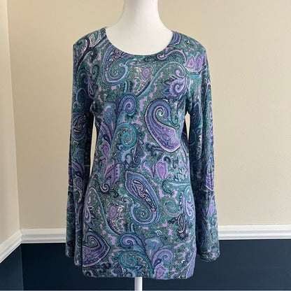 Talbots Merino Wool Sweater Top Medium Blue Purple Paisley Bell Sleeves