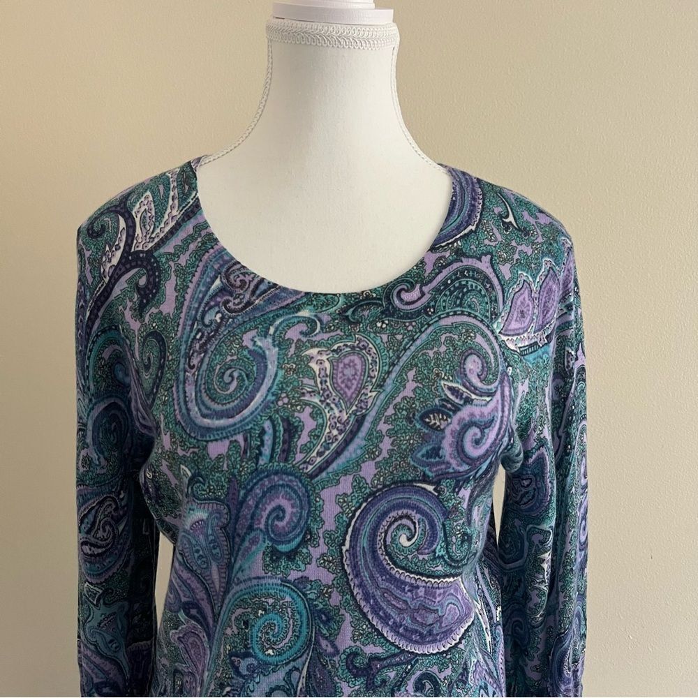 Talbots Merino Wool Sweater Top Medium Blue Purple Paisley Bell Sleeves