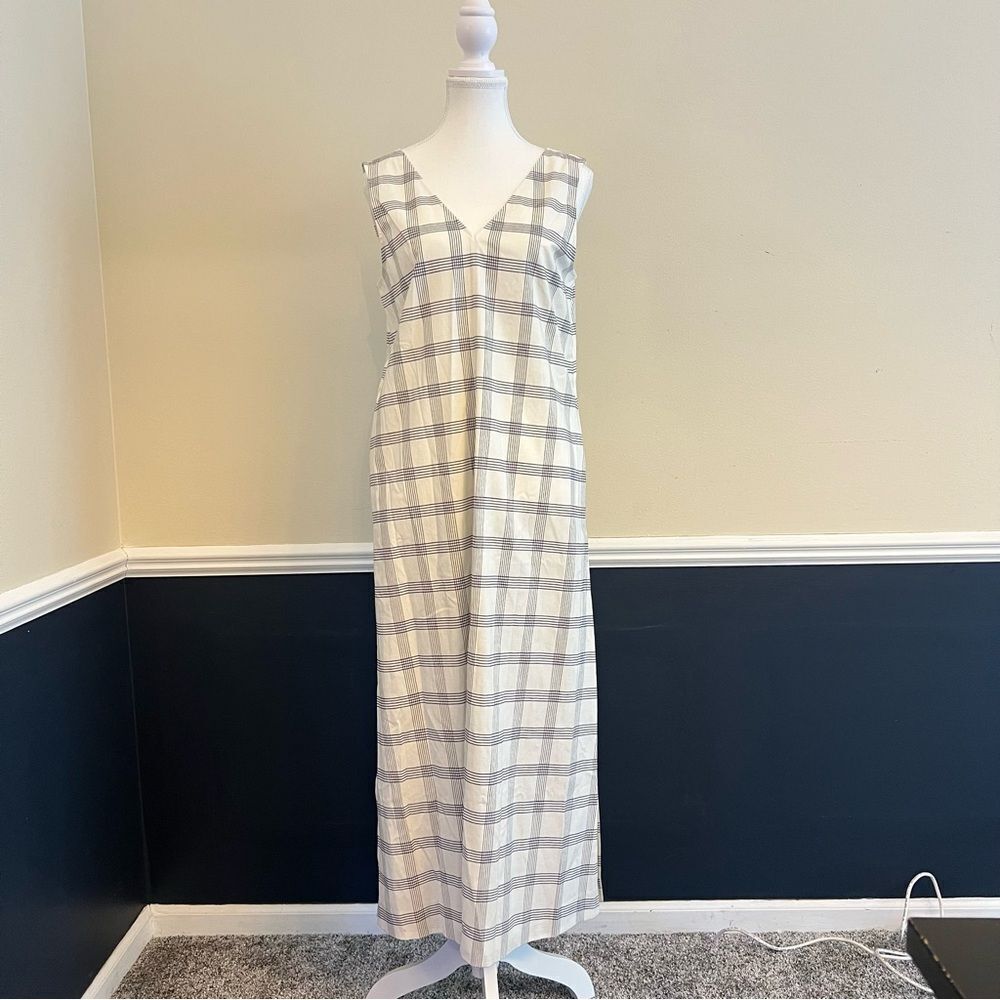 Theory Deep V Linen Blend Spring Plaid Midi Dress Size Medium in Ivory