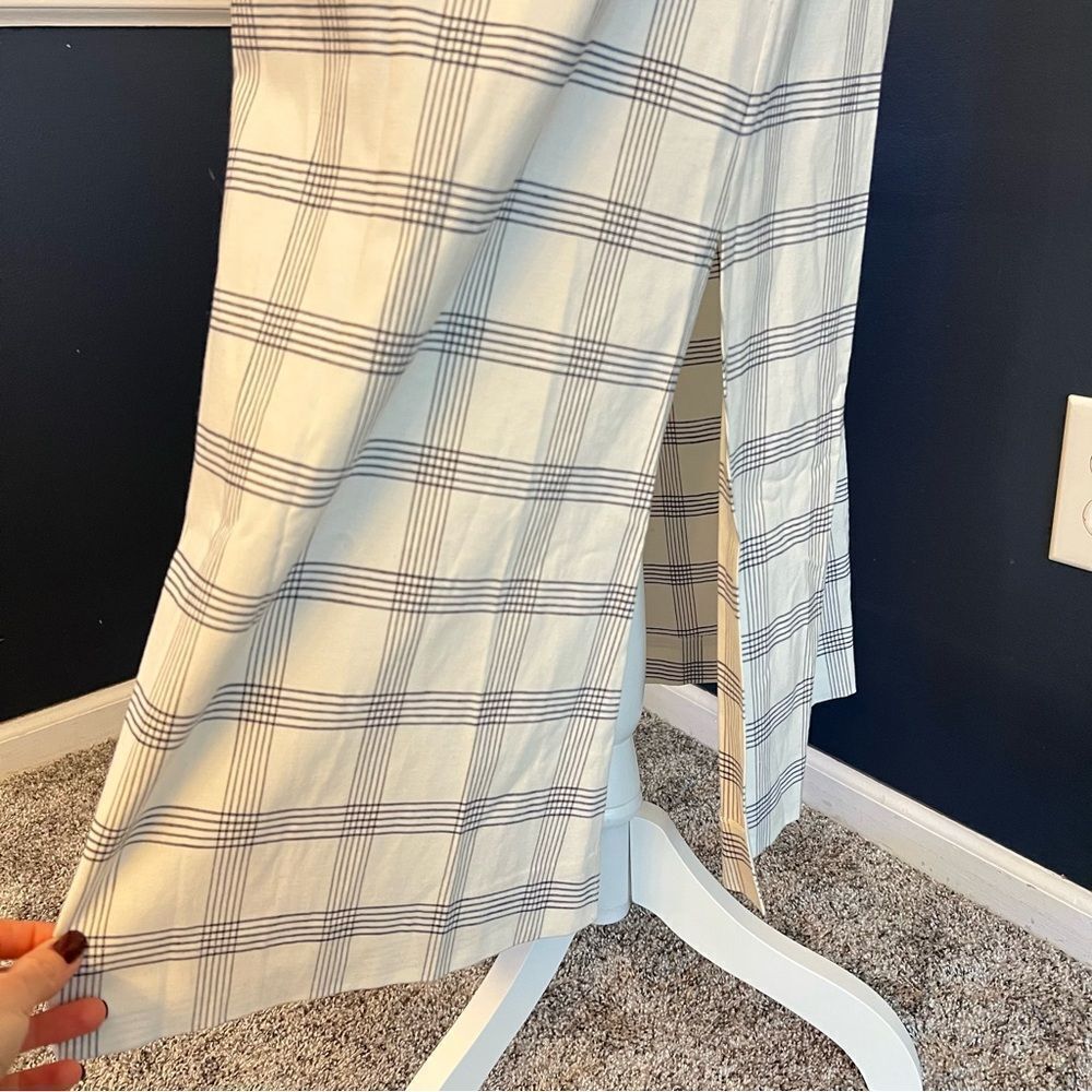 Theory Deep V Linen Blend Spring Plaid Midi Dress Size Medium in Ivory