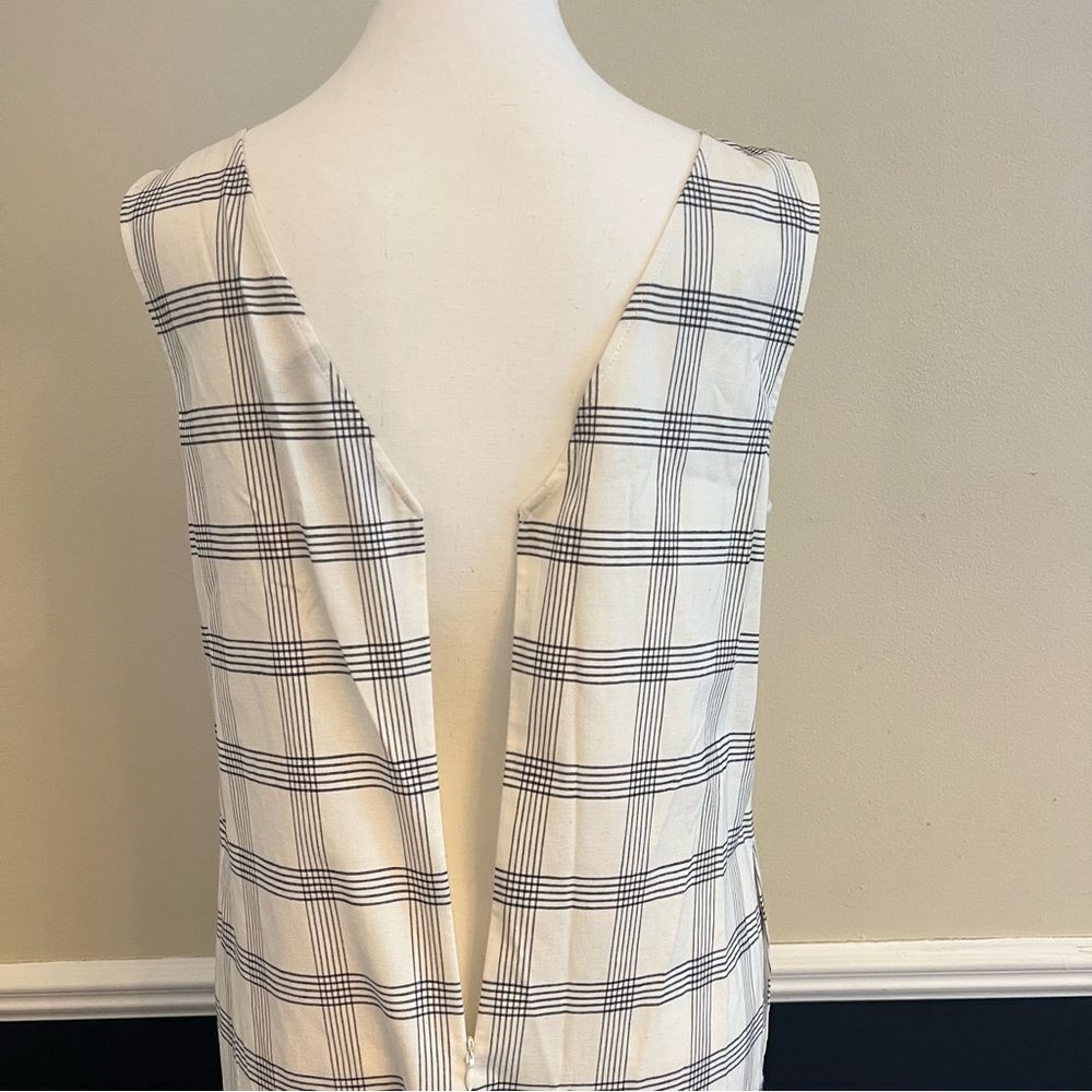 Theory Deep V Linen Blend Spring Plaid Midi Dress Size Medium in Ivory