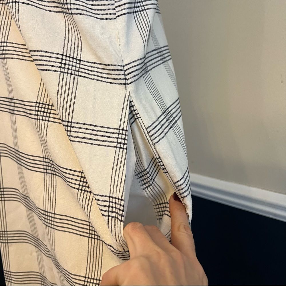 Theory Deep V Linen Blend Spring Plaid Midi Dress Size Medium in Ivory