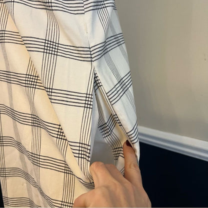 Theory Deep V Linen Blend Spring Plaid Midi Dress Size Medium in Ivory