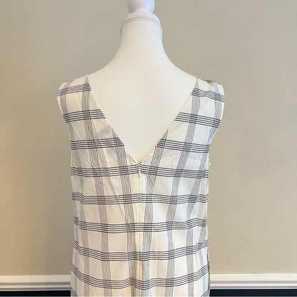 Theory Deep V Linen Blend Spring Plaid Midi Dress Size Medium in Ivory