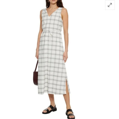 Theory Deep V Linen Blend Spring Plaid Midi Dress Size Medium in Ivory