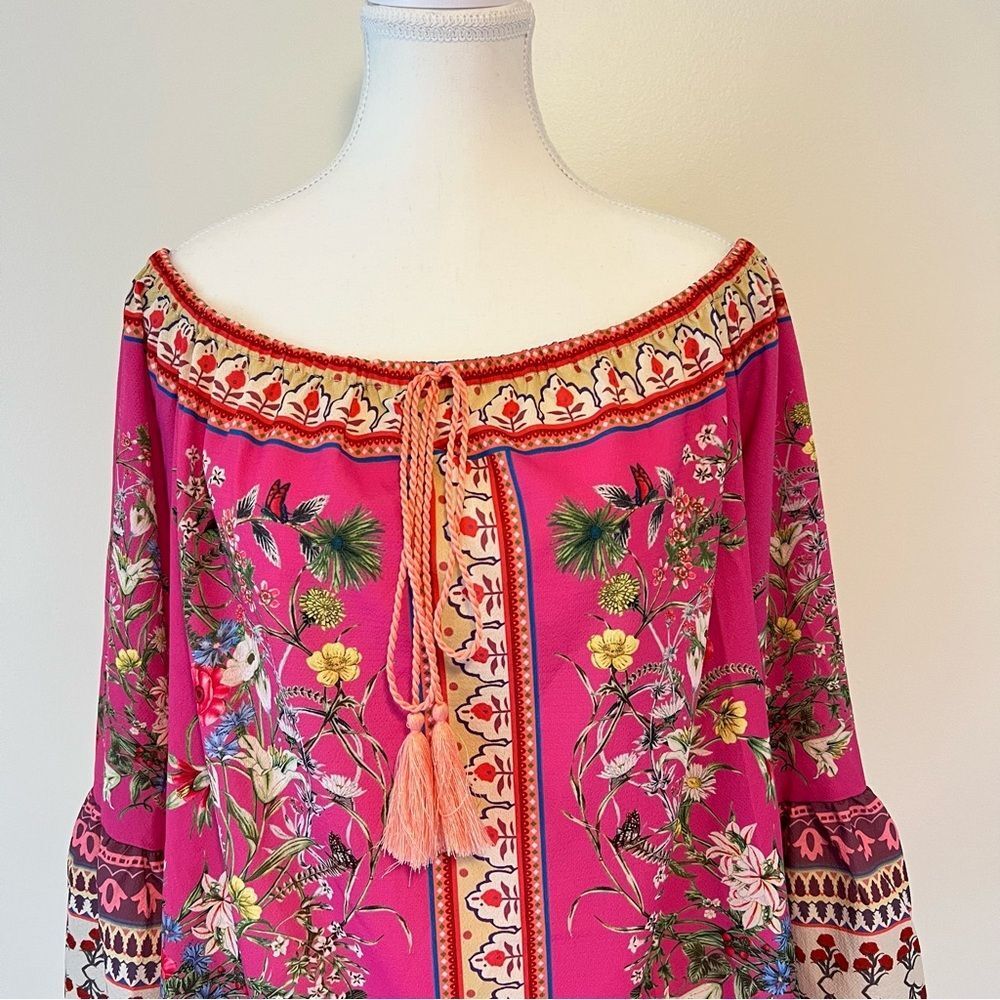 Umgee Boho Off Shoulder Paisley Floral Blouse Long Bell Sleeves