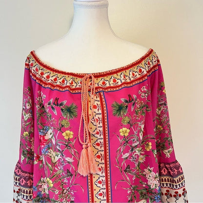 Umgee Boho Off Shoulder Paisley Floral Blouse Long Bell Sleeves