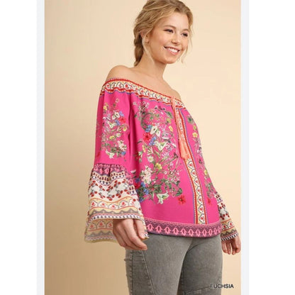 Umgee Boho Off Shoulder Paisley Floral Blouse Long Bell Sleeves