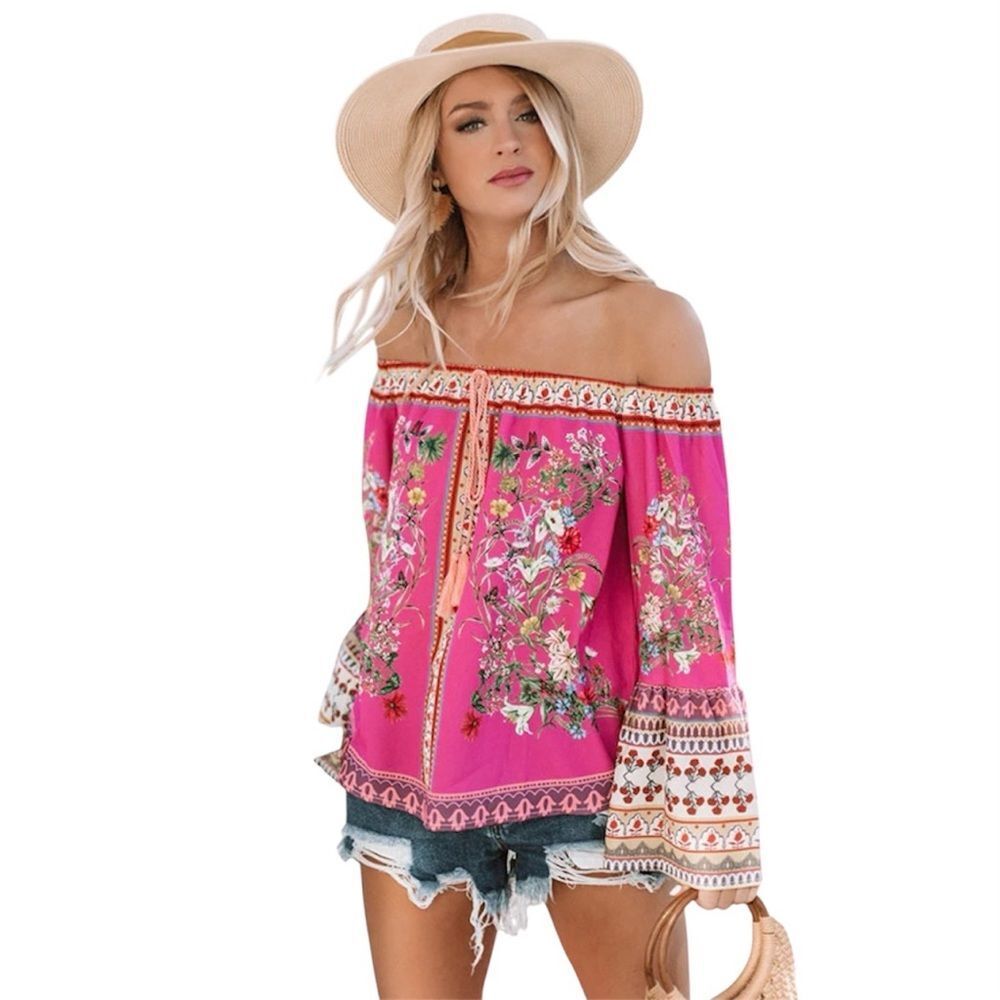Umgee Boho Off Shoulder Paisley Floral Blouse Long Bell Sleeves