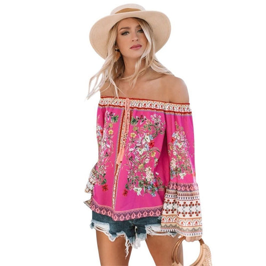 Umgee Boho Off Shoulder Paisley Floral Blouse Long Bell Sleeves