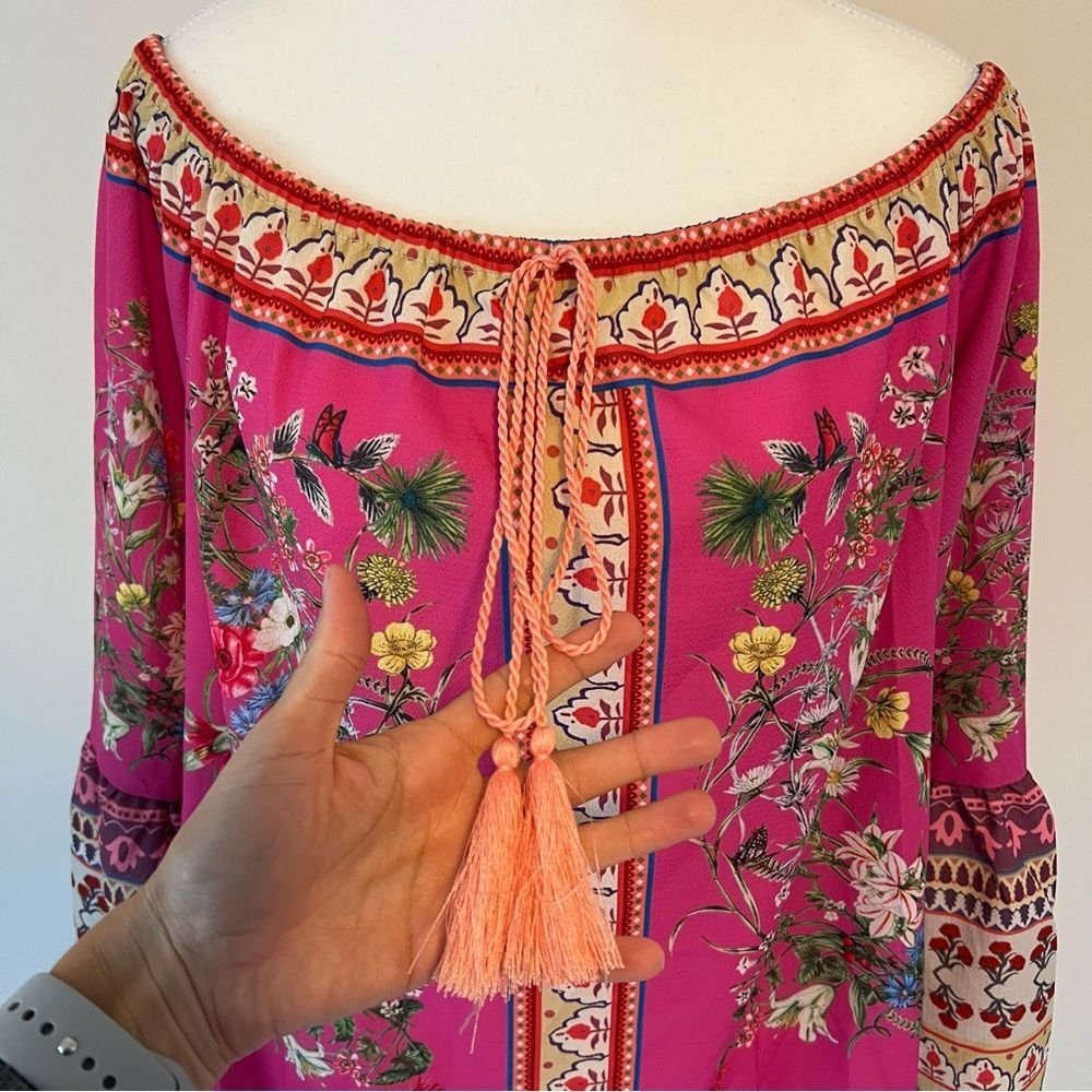 Umgee Boho Off Shoulder Paisley Floral Blouse Long Bell Sleeves