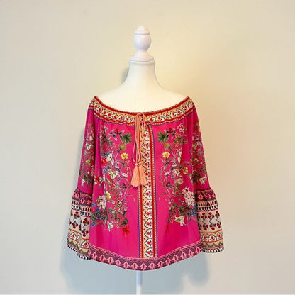 Umgee Boho Off Shoulder Paisley Floral Blouse Long Bell Sleeves
