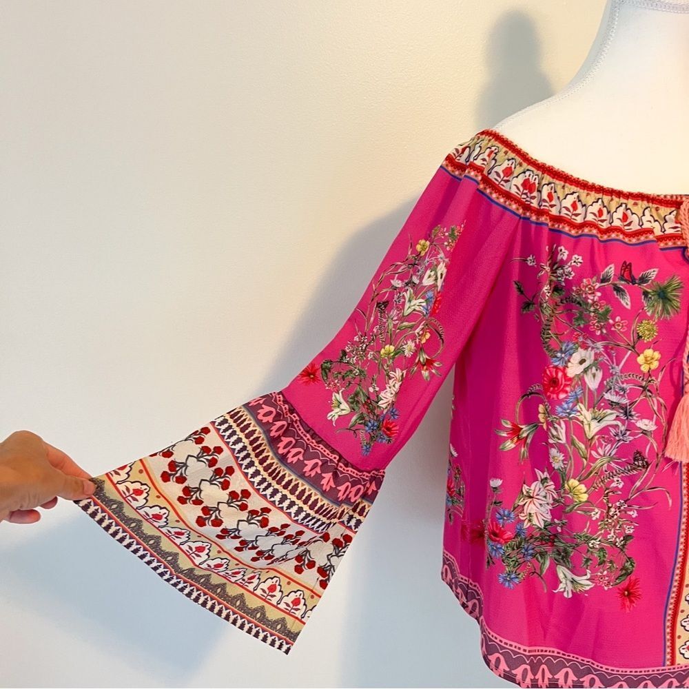Umgee Boho Off Shoulder Paisley Floral Blouse Long Bell Sleeves