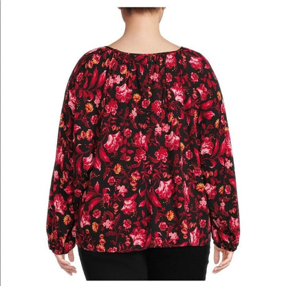 Terra & Sky Women’s Plus Size Floral Peasant Top with Long Sleeves