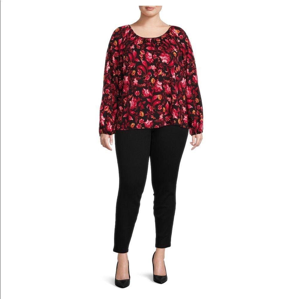 Terra & Sky Women’s Plus Size Floral Peasant Top with Long Sleeves