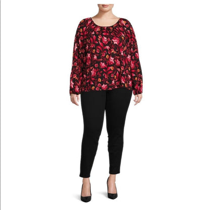 Terra & Sky Women’s Plus Size Floral Peasant Top with Long Sleeves