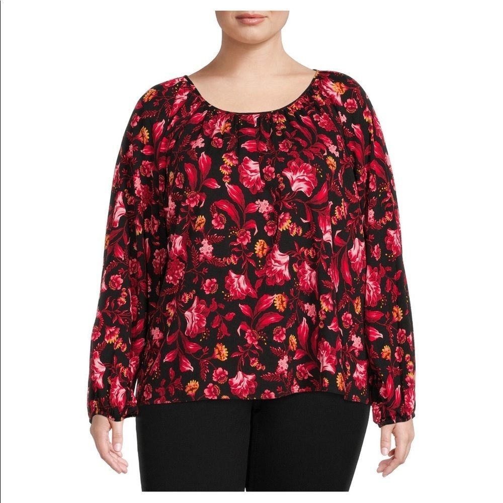 Terra & Sky Women’s Plus Size Floral Peasant Top with Long Sleeves