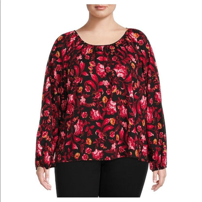 Terra & Sky Women’s Plus Size Floral Peasant Top with Long Sleeves
