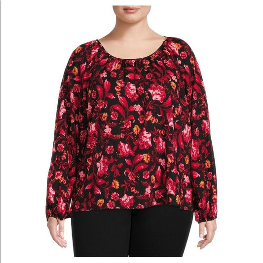 Terra & Sky Women’s Plus Size Floral Peasant Top with Long Sleeves